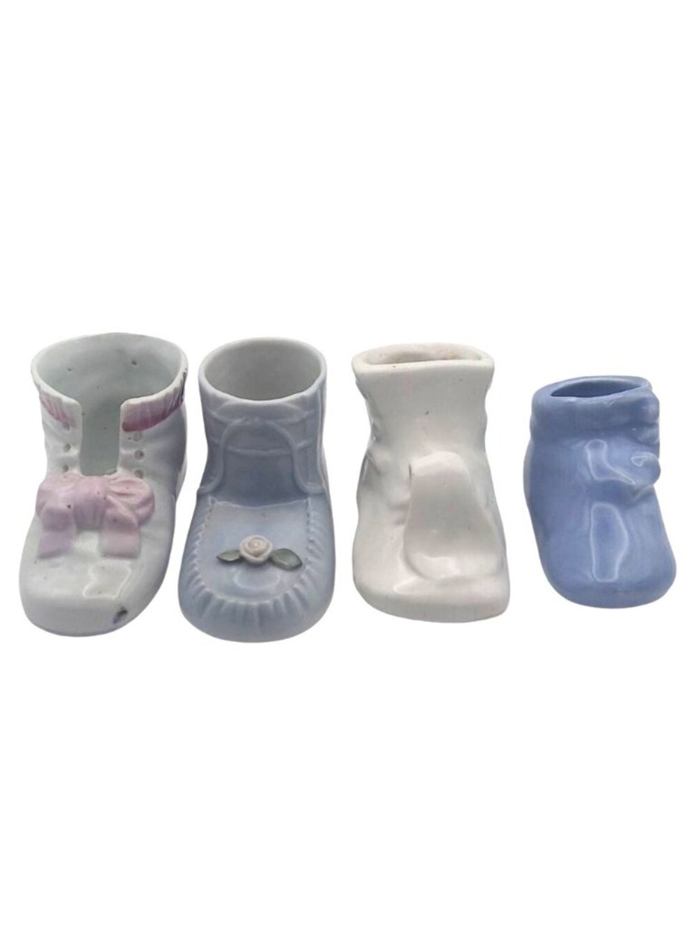 Vintage Ceramic Baby Shoe Planters Figurines Blue White MCM McCoy Set Of 4